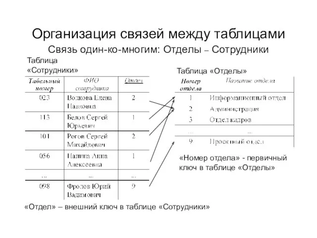 Организация связей между таблицами «Отдел» – внешний ключ в таблице