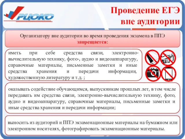 Проведение ЕГЭ вне аудитории Организатору вне аудитории во время проведения