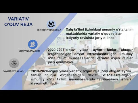 VARIATIV O‘QUV REJA Xalq ta’limi tizimidagi umumiy o‘rta ta’lim maktablarida variativ o‘quv rejalar