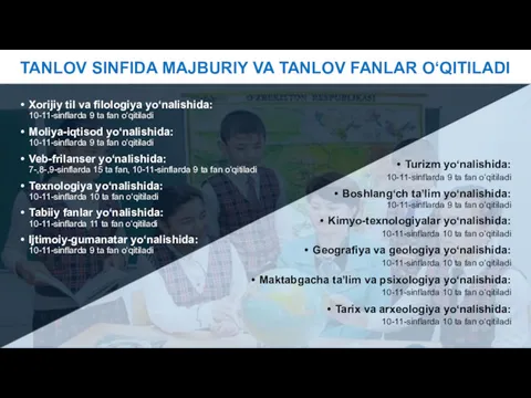 TANLOV SINFIDA MAJBURIY VA TANLOV FANLAR O‘QITILADI Xorijiy til va filologiya yo‘nalishida: 10-11-sinflarda