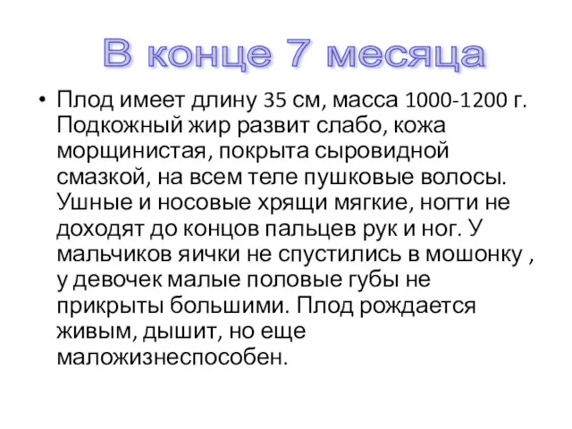 Плод имеет длину 35 см, масса 1000-1200 г. Подкожный жир