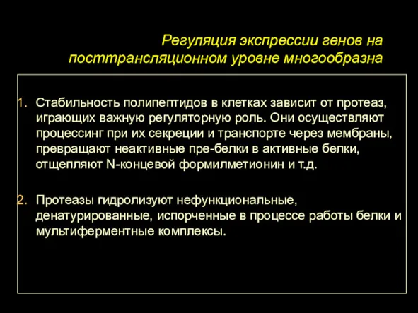 Регуляция экспрессии генов на посттрансляционном уровне многообразна Стабильность полипептидов в