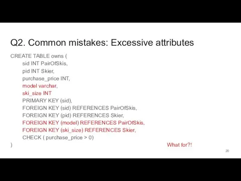 Q2. Common mistakes: Excessive attributes CREATE TABLE owns ( sid