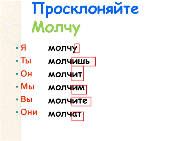 Просклоняйте Молчу Я Ты Он Мы Вы Они молчу молчишь молчит молчим молчите молчат