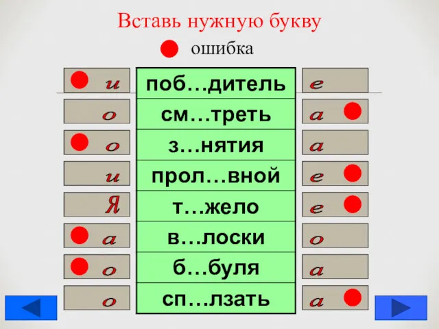 Вставь нужную букву ошибка е и о а а о