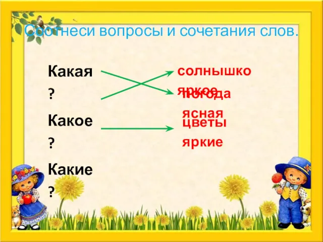 Какая? Какое? Какие? солнышко яркое погода ясная цветы яркие Соотнеси вопросы и сочетания слов.