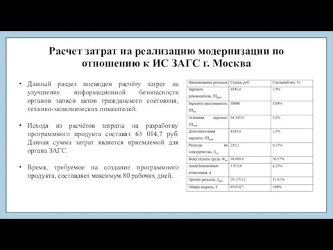 Расчет затрат на реализацию модернизации по отношению к ИС ЗАГС г. Москва Данный
