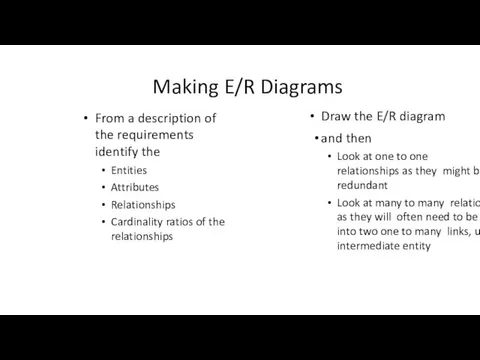 Making E/R Diagrams From a description of the requirements identify