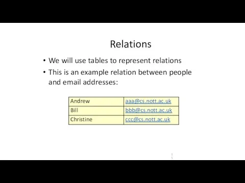 Relations We will use tables to represent relations This is