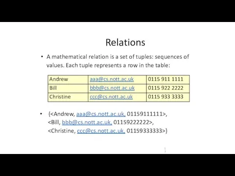 Relations A mathematical relation is a set of tuples: sequences