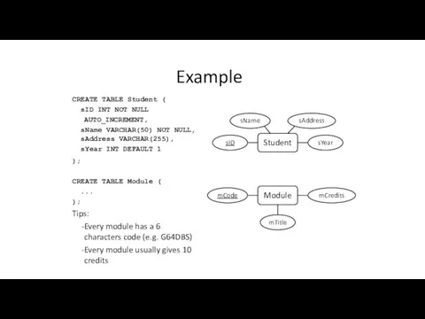 Example CREATE TABLE Student ( sID INT NOT NULL AUTO_INCREMENT,