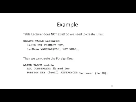 Example 30 ALTER TABLE Module ADD CONSTRAINT fk_mod_lec FOREIGN KEY