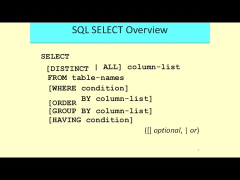 SQL SELECT Overview SELECT [DISTINCT | ALL] column-list FROM table-names