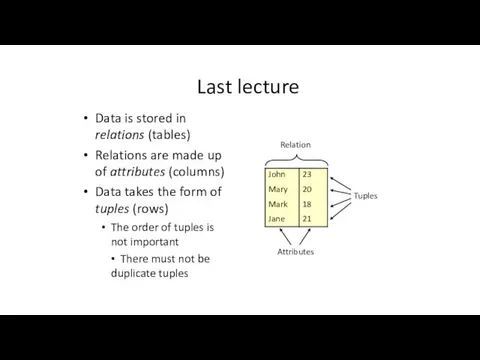 Last lecture Data is stored in relations (tables) Relations are