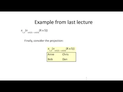 π1,3(σcol(2) = col(4)(R x S)) Finally, consider the projection: Example from last lecture