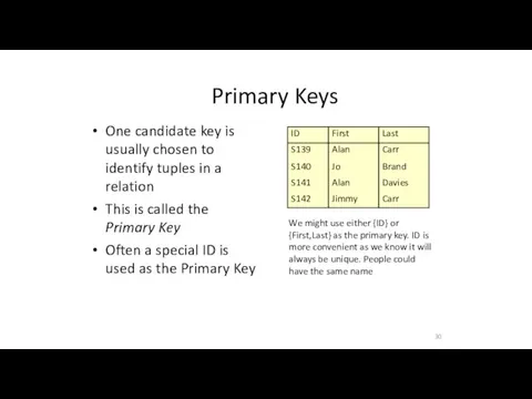 Primary Keys 30 One candidate key is usually chosen to