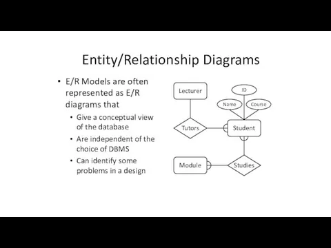 Entity/Relationship Diagrams E/R Models are often represented as E/R diagrams