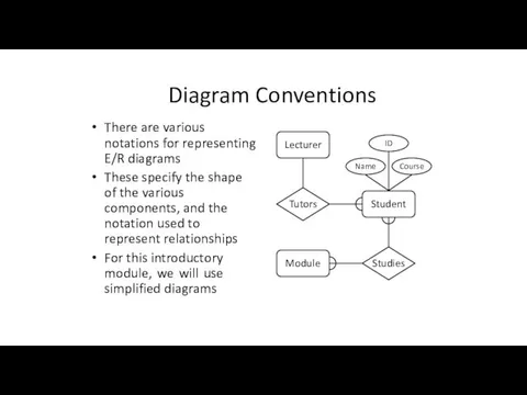 Diagram Conventions There are various notations for representing E/R diagrams