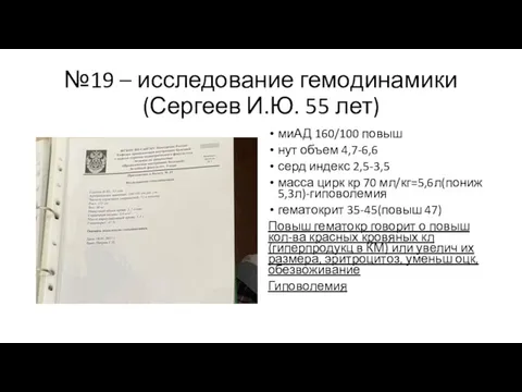 №19 – исследование гемодинамики (Сергеев И.Ю. 55 лет) миАД 160/100