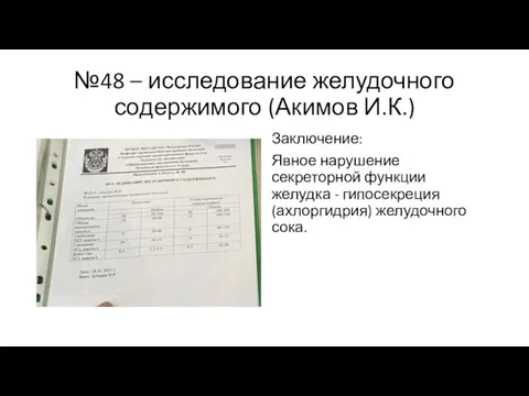 №48 – исследование желудочного содержимого (Акимов И.К.) Заключение: Явное нарушение