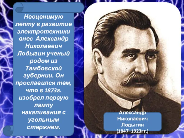 Александр Николаевич Лодыгин (1847–1923гг.) Неоценимую лепту в развитие электротехники внес