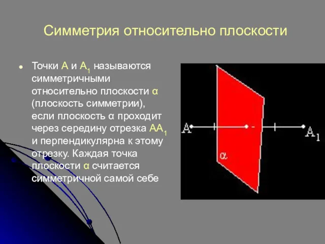 Симметрия относительно плоскости Точки А и А1 называются симметричными относительно