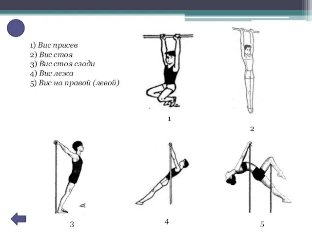 1) Вис присев 2) Вис стоя 3) Вис стоя сзади