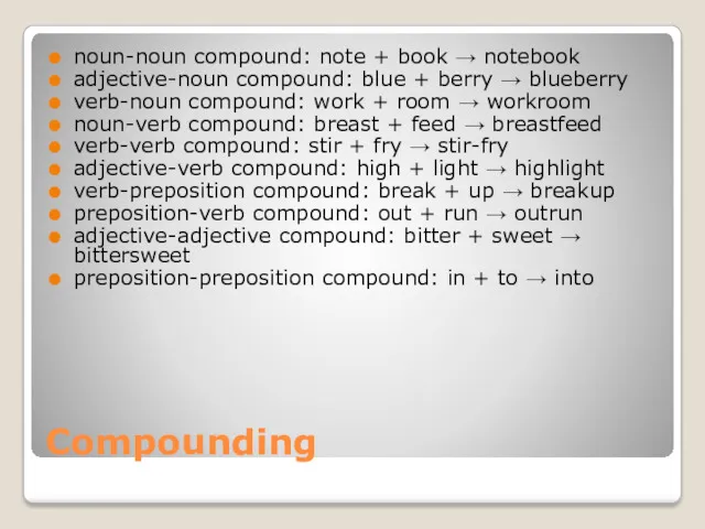 Compounding noun-noun compound: note + book → notebook adjective-noun compound: