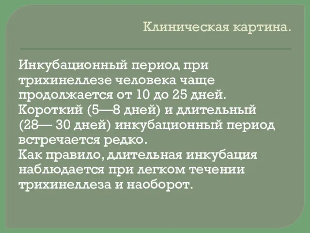 Клиническая картина. Инкубационный период при трихинеллезе человека чаще продолжается от