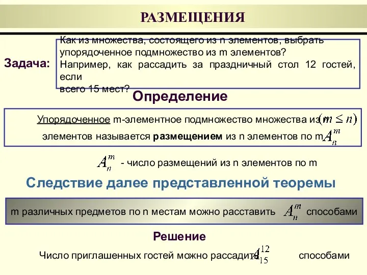 Упорядоченное m-элементное подмножество множества из n элементов называется размещением из