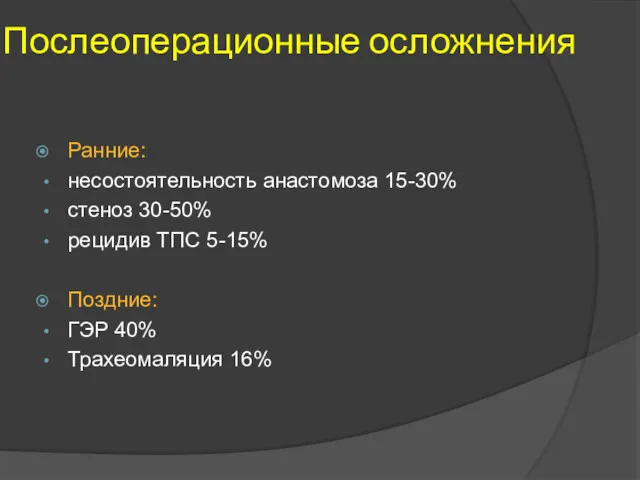 Послеоперационные осложнения Ранние: несостоятельность анастомоза 15-30% стеноз 30-50% рецидив ТПС 5-15% Поздние: ГЭР 40% Трахеомаляция 16%