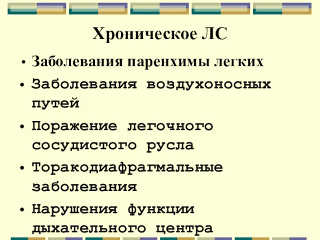 Хроническое ЛС Заболевания паренхимы легких Заболевания воздухоносных путей Поражение легочного