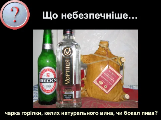 Що небезпечніше… Чарка горілки, келих натурального вина, чи бокал пива?