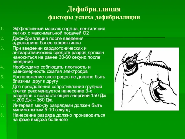 Дефибрилляция факторы успеха дефибрилляции Эффективный массаж сердца, вентиляция легких с