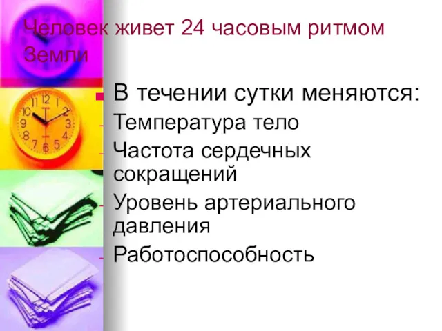 Человек живет 24 часовым ритмом Земли В течении сутки меняются: Температура тело Частота