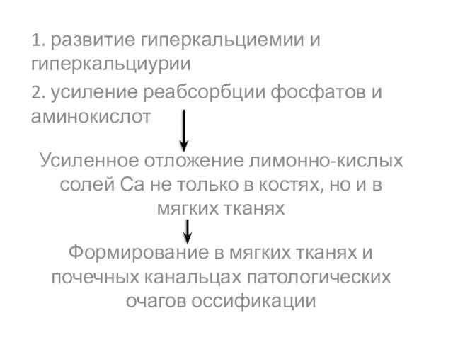 1. развитие гиперкальциемии и гиперкальциурии 2. усиление реабсорбции фосфатов и