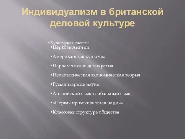 Индивидуализм в британской деловой культуре Культурная система Церковь Англии Американская