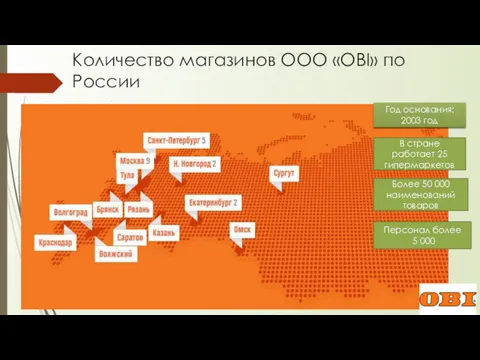 Количество магазинов ООО «OBI» по России Год основания: 2003 год