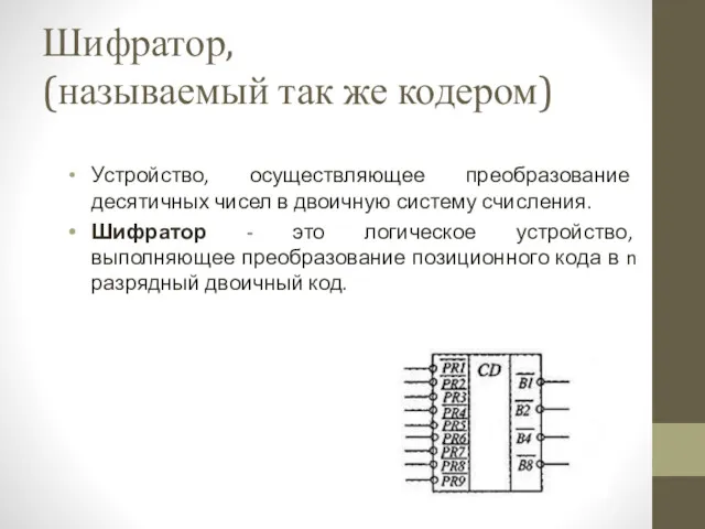 Шифратор, (называемый так же кодером) Устройство, осуществляющее преобразование десятичных чисел