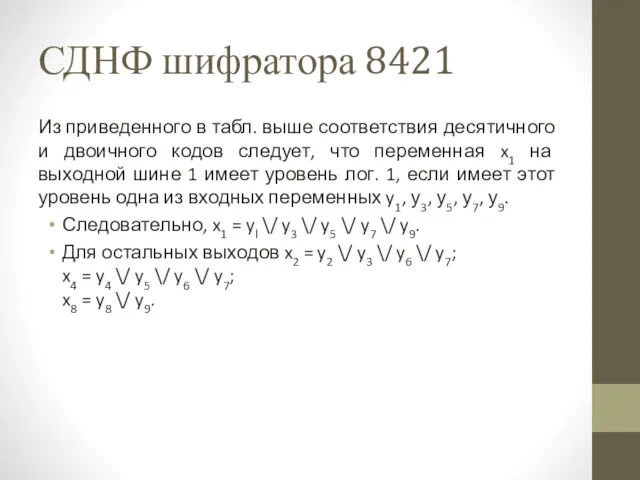 СДНФ шифратора 8421 Из приведенного в табл. выше соответствия десятичного