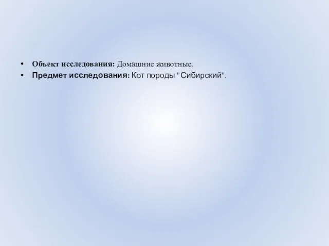 Объект исследования: Домашние животные. Предмет исследования: Кот породы "Сибирский".