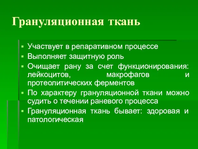 Грануляционная ткань Участвует в репаративном процессе Выполняет защитную роль Очищает рану за счет