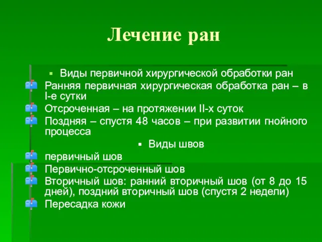 Лечение ран Виды первичной хирургической обработки ран Ранняя первичная хирургическая обработка ран –