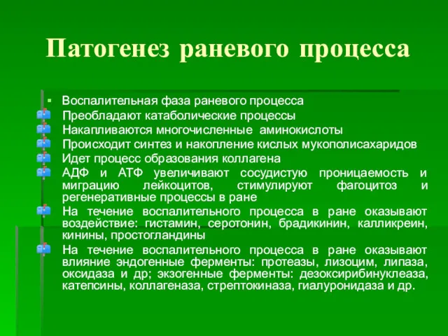 Патогенез раневого процесса Воспалительная фаза раневого процесса Преобладают катаболические процессы Накапливаются многочисленные аминокислоты