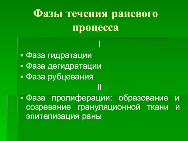 Фазы течения раневого процесса I Фаза гидратации Фаза дегидратации Фаза