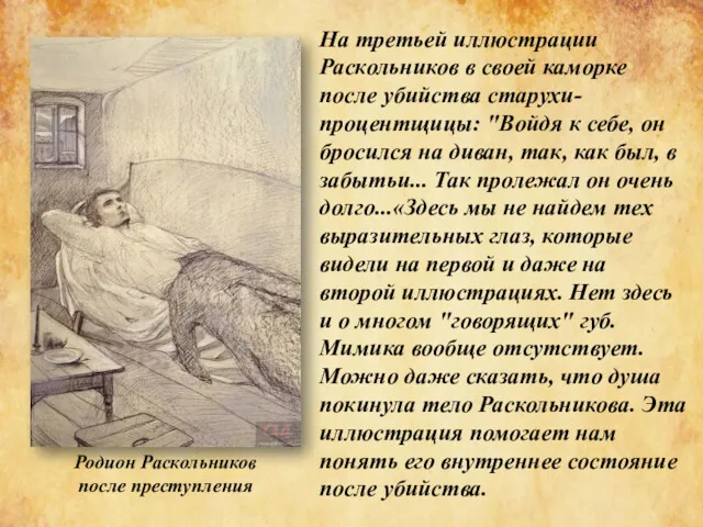 На третьей иллюстрации Раскольников в своей каморке после убийства старухи-процентщицы: "Войдя к себе,