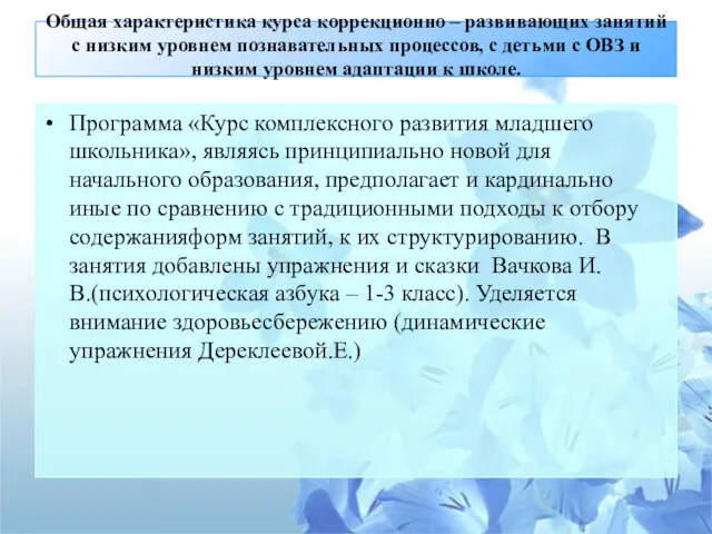 Общая характеристика курса коррекционно – развивающих занятий с низким уровнем