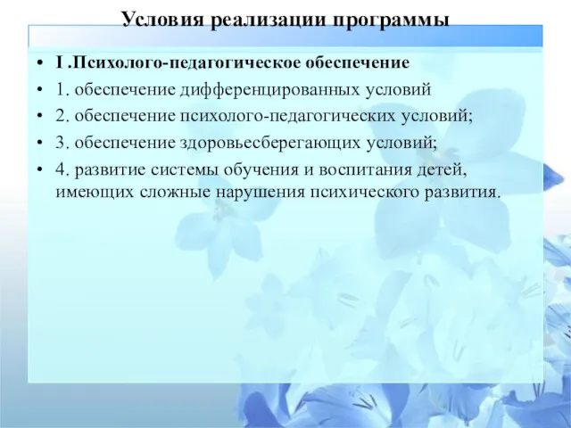 Условия реализации программы I .Психолого-педагогическое обеспечение 1. обеспечение дифференцированных условий