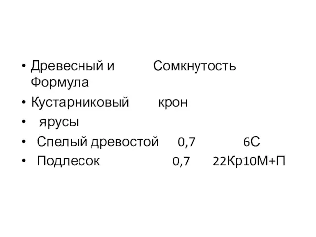 Древесный и Сомкнутость Формула Кустарниковый крон ярусы Спелый древостой 0,7 6С Подлесок 0,7 22Кр10М+П