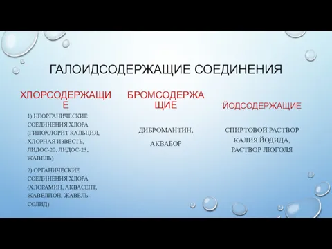 ГАЛОИДСОДЕРЖАЩИЕ СОЕДИНЕНИЯ ХЛОРСОДЕРЖАЩИЕ 1) НЕОРГАНИЧЕСКИЕ СОЕДИНЕНИЯ ХЛОРА (ГИПОХЛОРИТ КАЛЬЦИЯ, ХЛОРНАЯ